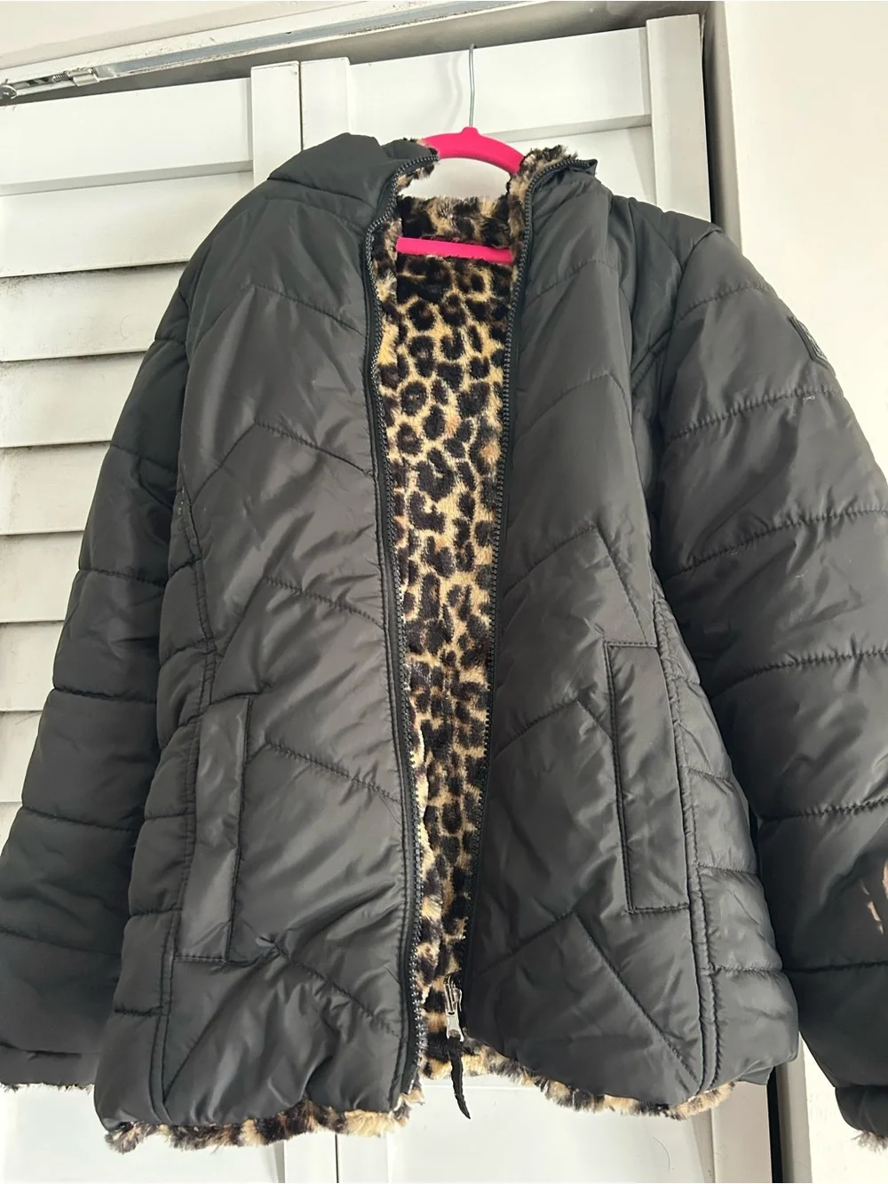 Madden Girl Black Puffer Jacket with Leopard Faux-Fur Lining